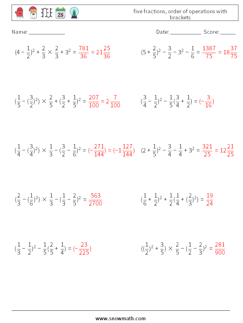 five fractions, order of operations with brackets Maths Worksheets 5 Question, Answer