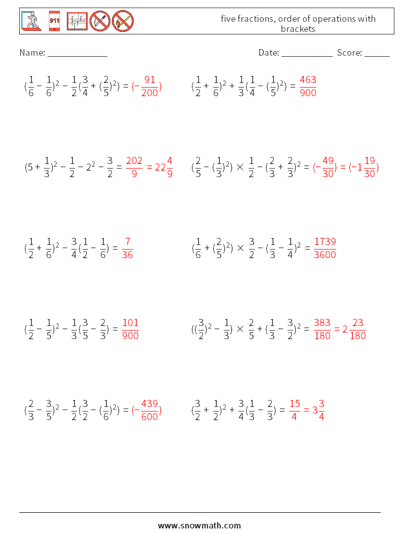 five fractions, order of operations with brackets Maths Worksheets 6 Question, Answer