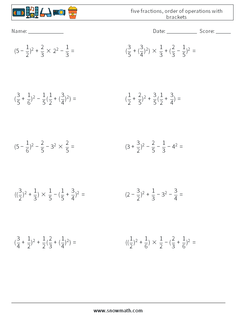 five fractions, order of operations with brackets Maths Worksheets 7