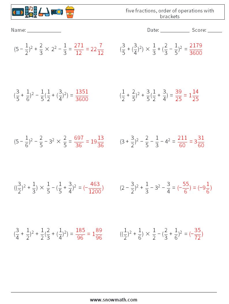 five fractions, order of operations with brackets Maths Worksheets 7 Question, Answer