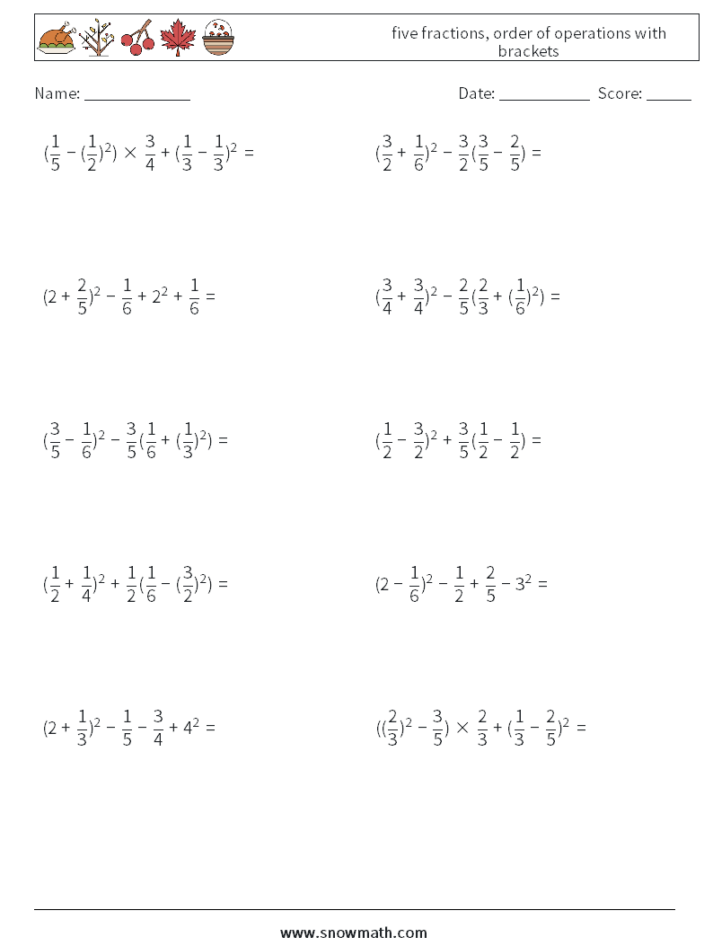 five fractions, order of operations with brackets Maths Worksheets 8