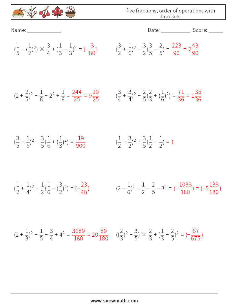 five fractions, order of operations with brackets Maths Worksheets 8 Question, Answer