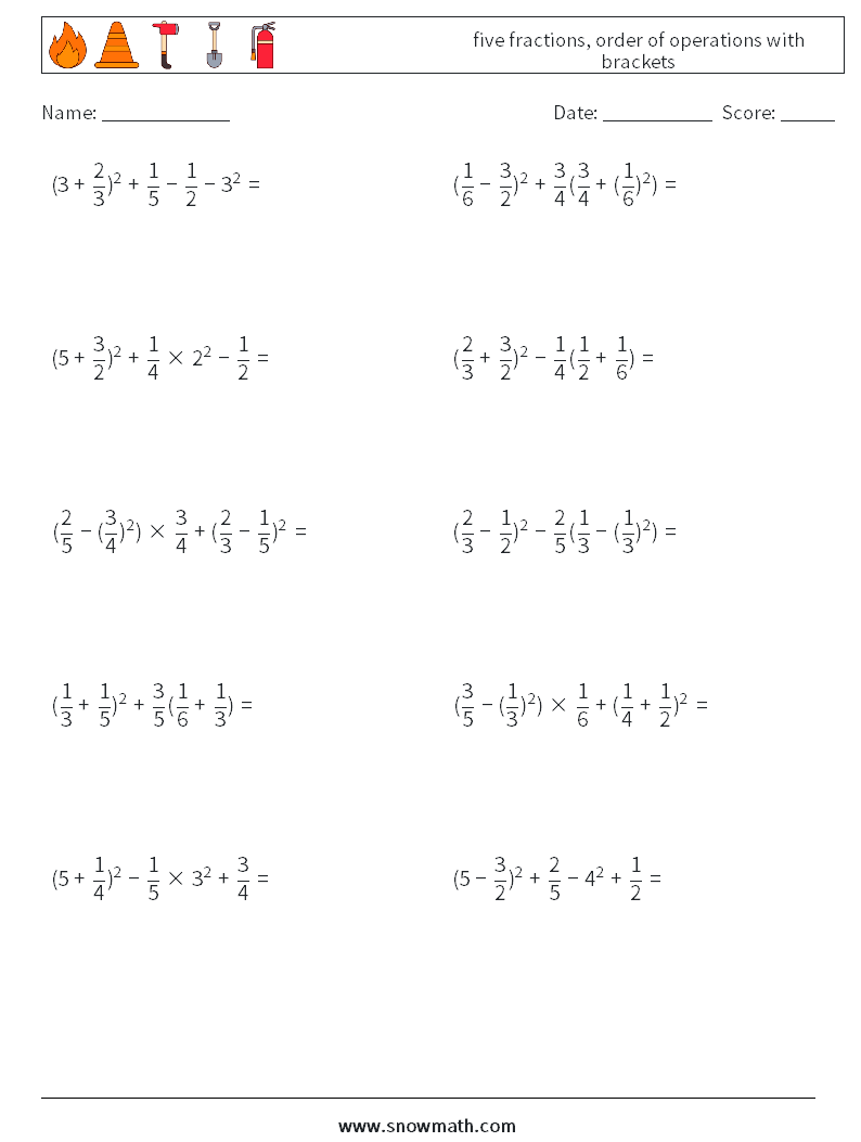 five fractions, order of operations with brackets Maths Worksheets 9