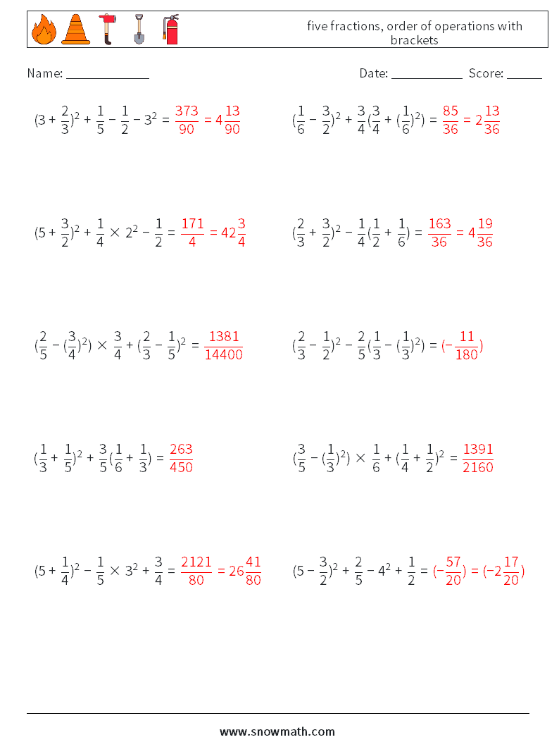 five fractions, order of operations with brackets Maths Worksheets 9 Question, Answer