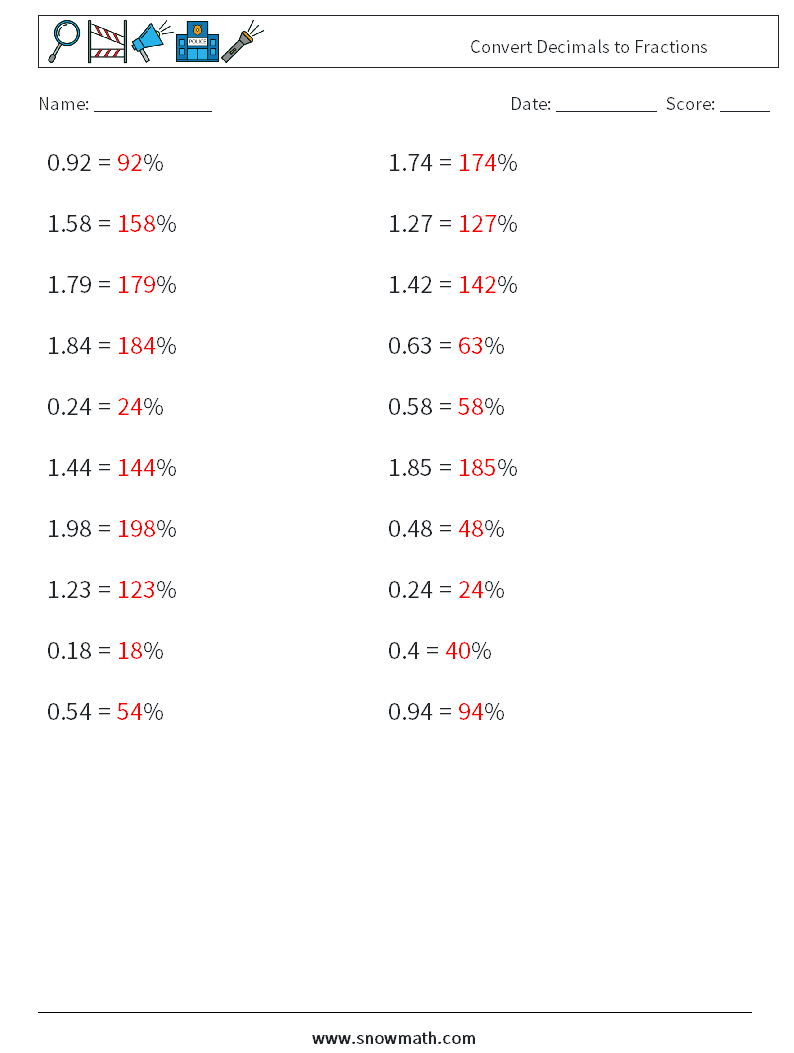 Convert Decimals to Fractions Maths Worksheets 2 Question, Answer