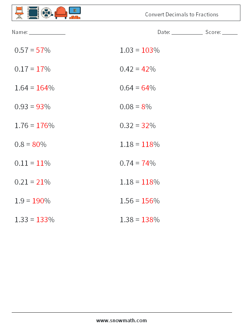 Convert Decimals to Fractions Maths Worksheets 3 Question, Answer