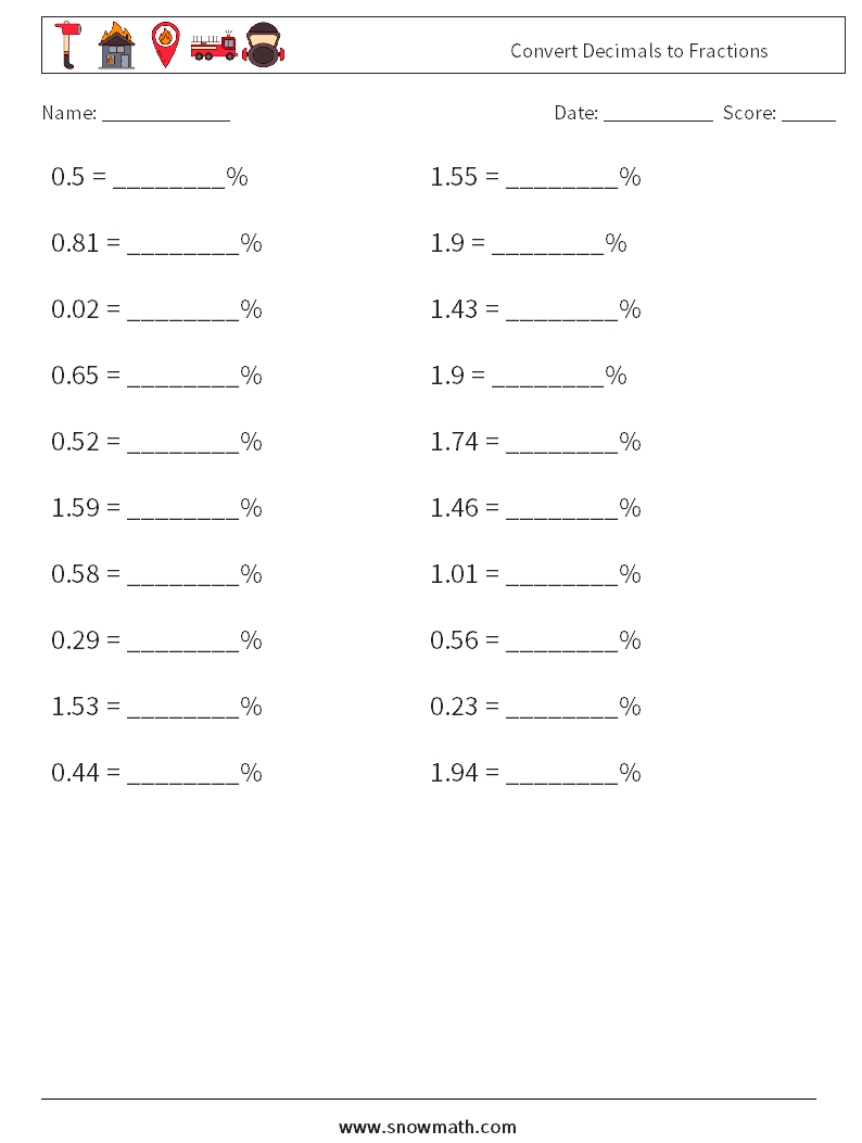 Convert Decimals to Fractions Maths Worksheets 4