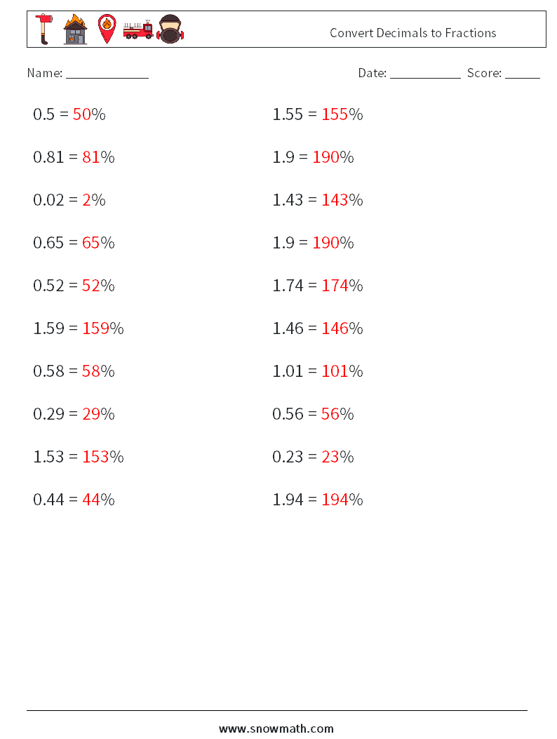 Convert Decimals to Fractions Maths Worksheets 4 Question, Answer