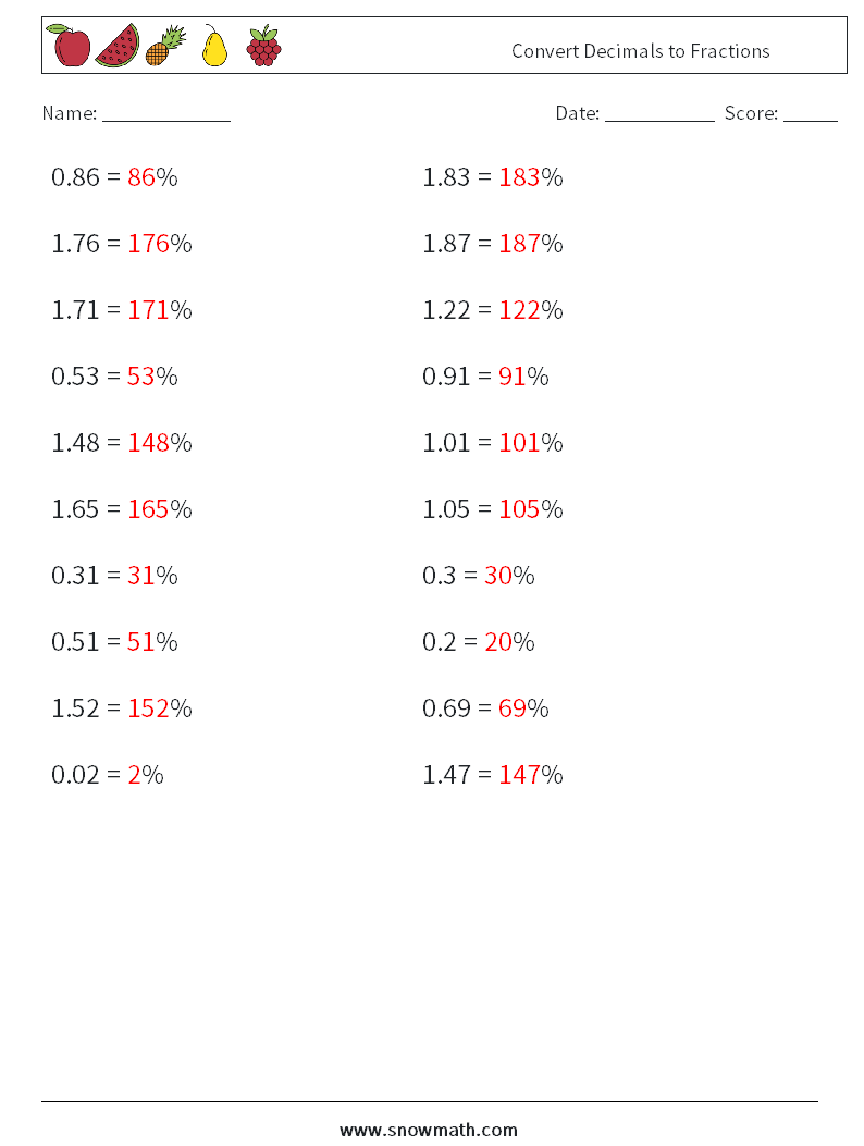 Convert Decimals to Fractions Maths Worksheets 5 Question, Answer