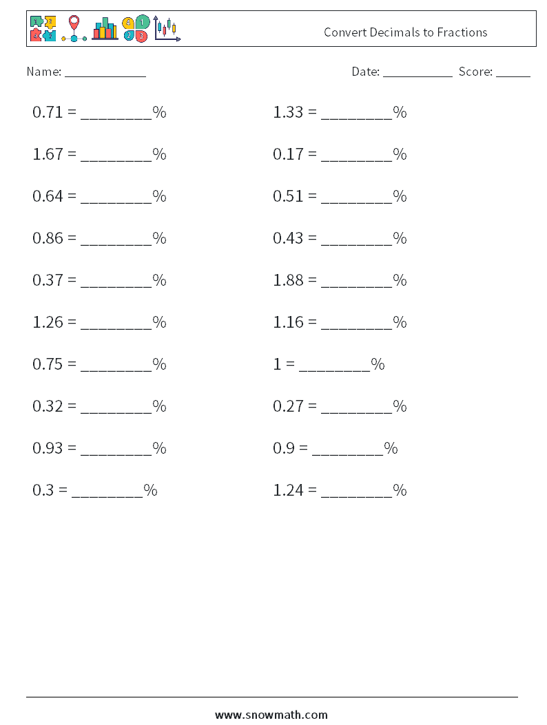 Convert Decimals to Fractions Maths Worksheets 6