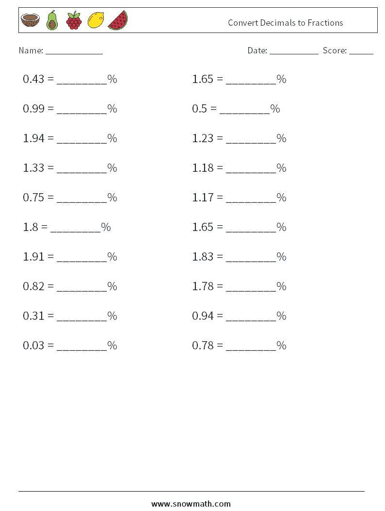 Convert Decimals to Fractions Maths Worksheets 7