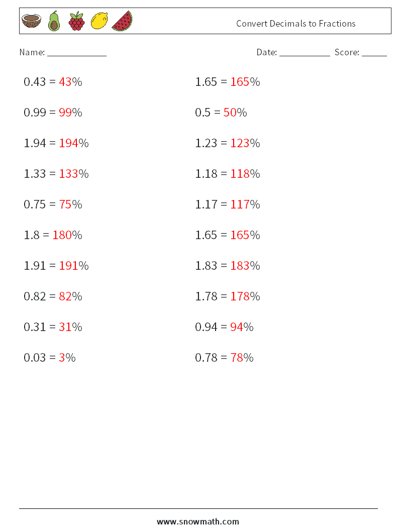 Convert Decimals to Fractions Maths Worksheets 7 Question, Answer