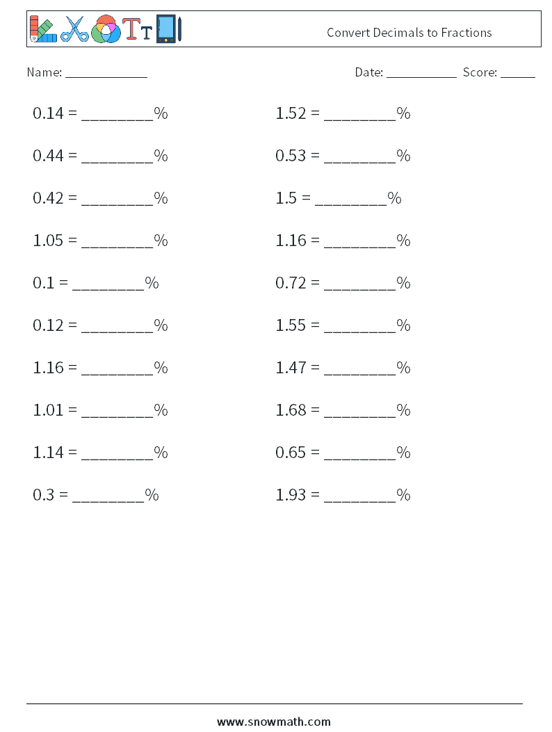 Convert Decimals to Fractions Maths Worksheets 8