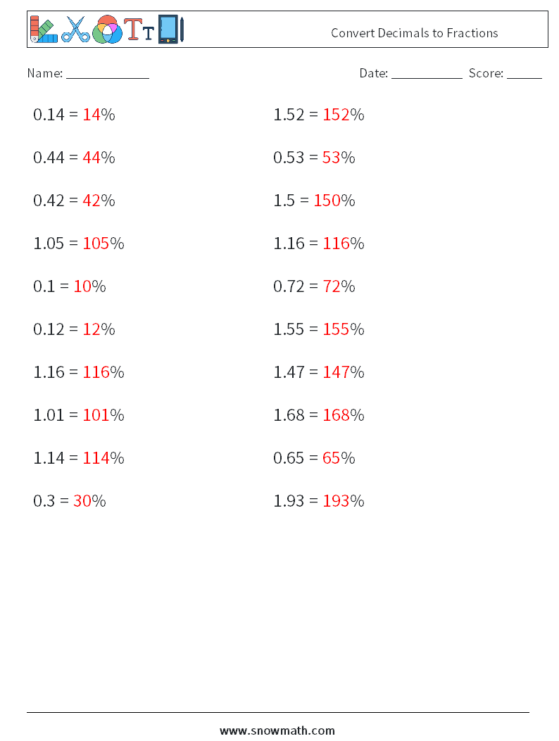 Convert Decimals to Fractions Maths Worksheets 8 Question, Answer