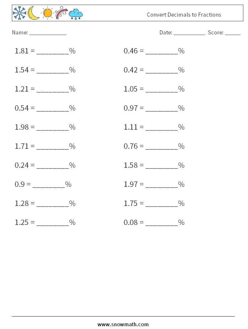 Convert Decimals to Fractions Maths Worksheets 9