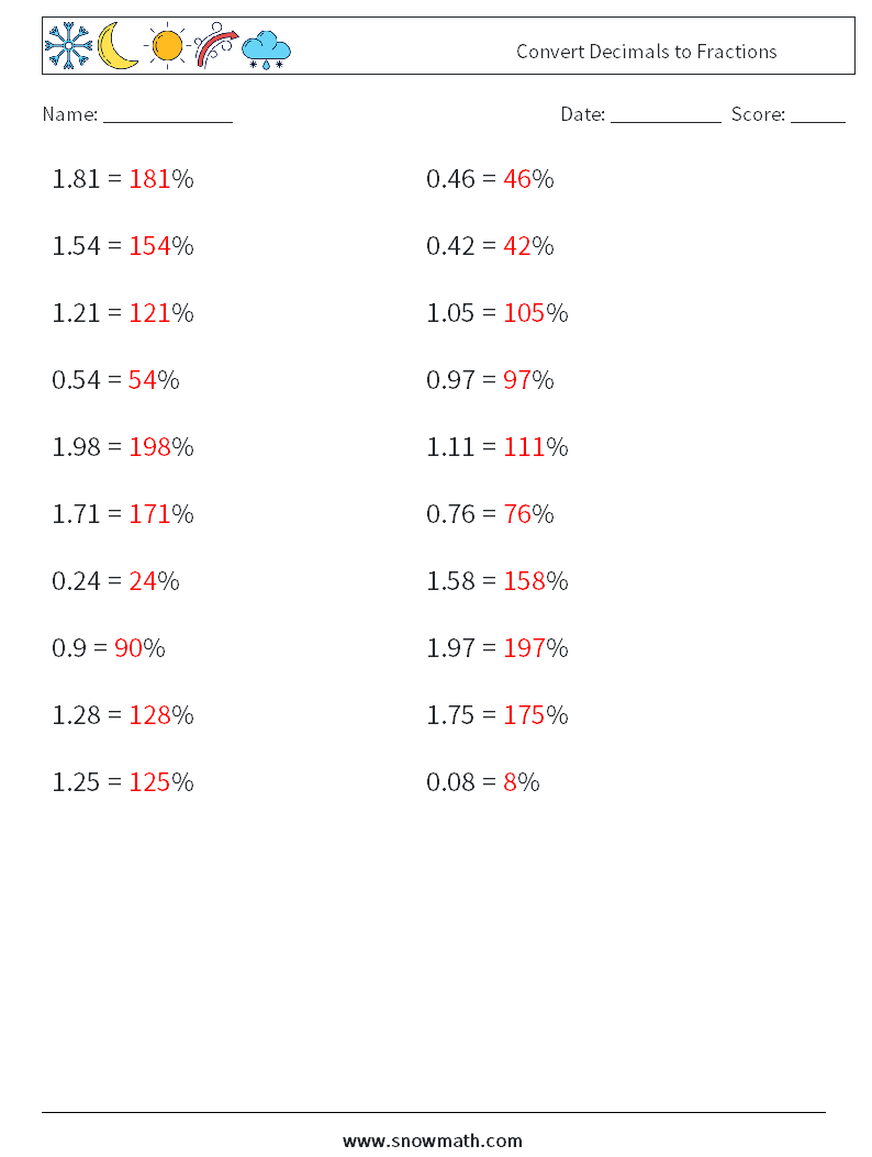 Convert Decimals to Fractions Maths Worksheets 9 Question, Answer