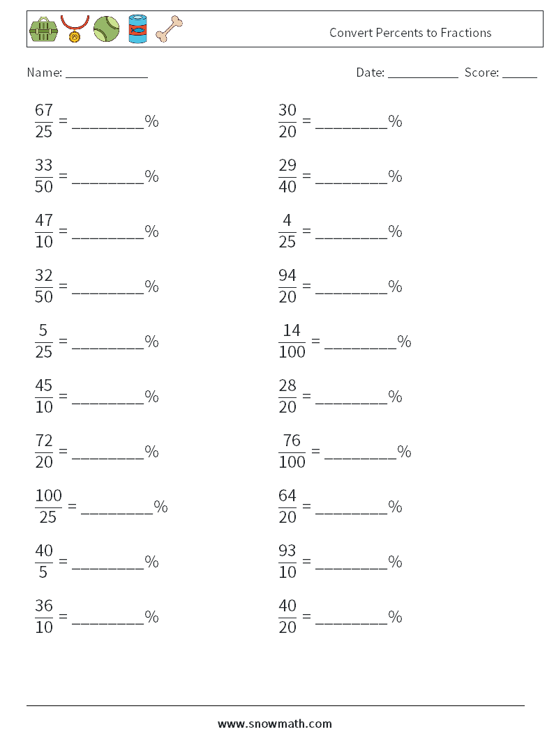 Convert Percents to Fractions  Maths Worksheets 1