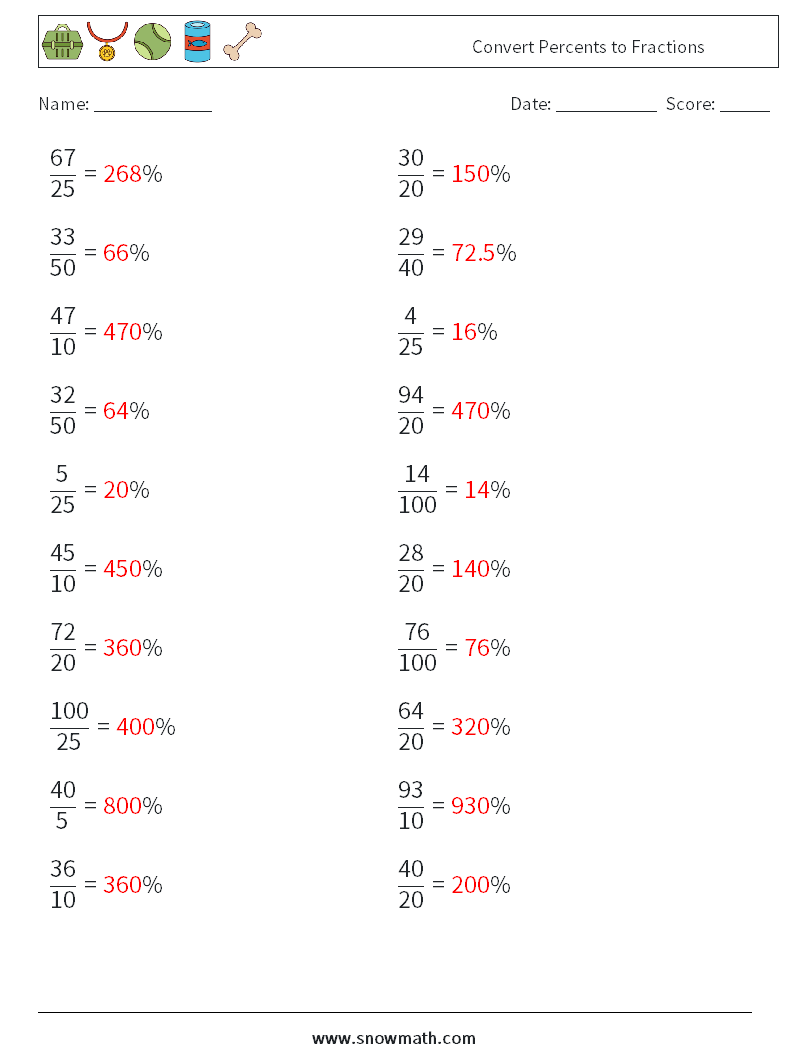 Convert Percents to Fractions  Maths Worksheets 1 Question, Answer