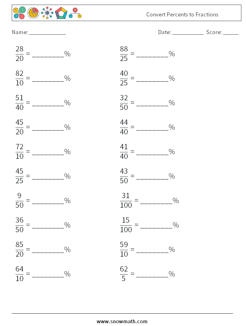 Convert Percents to Fractions  Maths Worksheets 2
