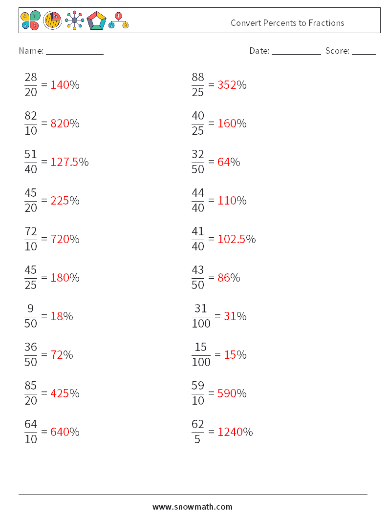 Convert Percents to Fractions  Maths Worksheets 2 Question, Answer