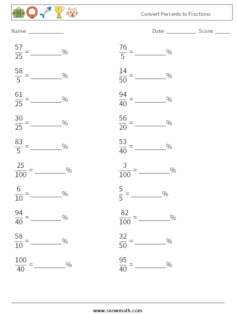 Convert Percents to Fractions  Maths Worksheets 3