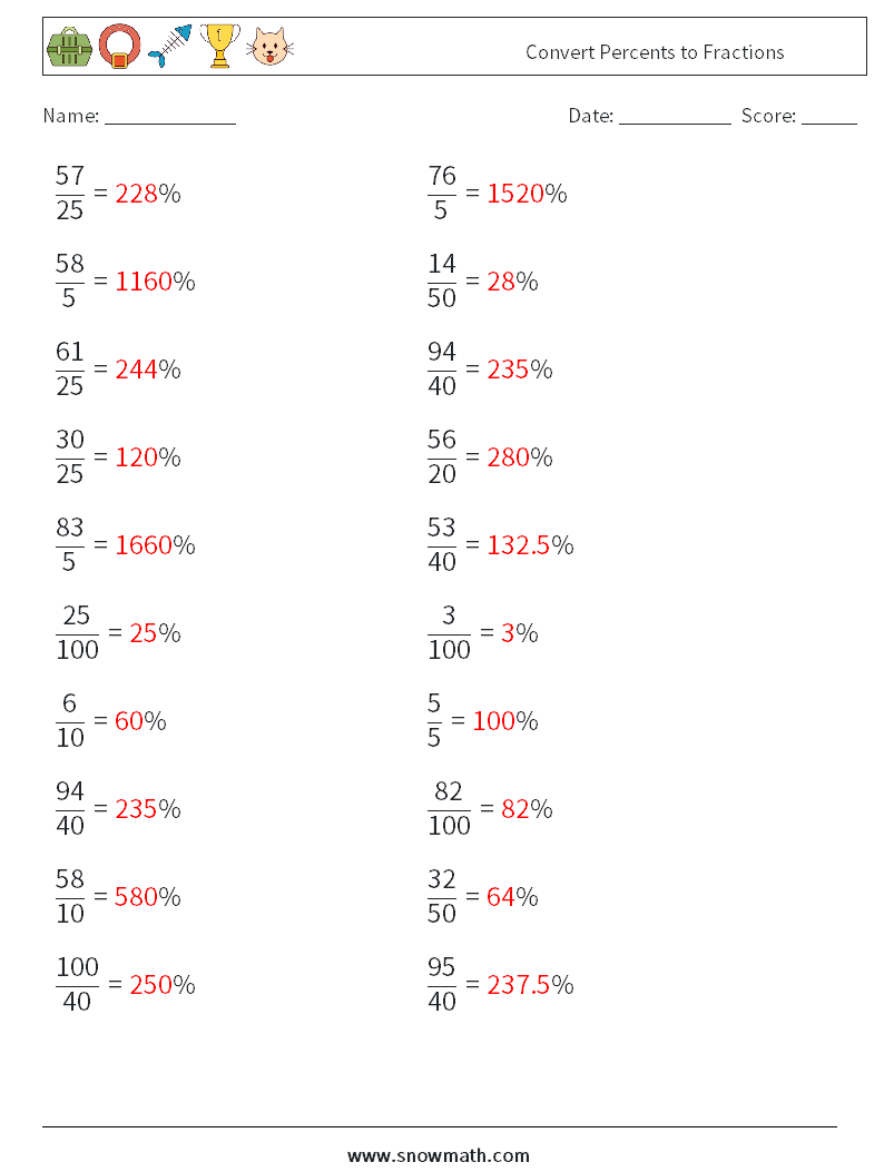 Convert Percents to Fractions  Maths Worksheets 3 Question, Answer