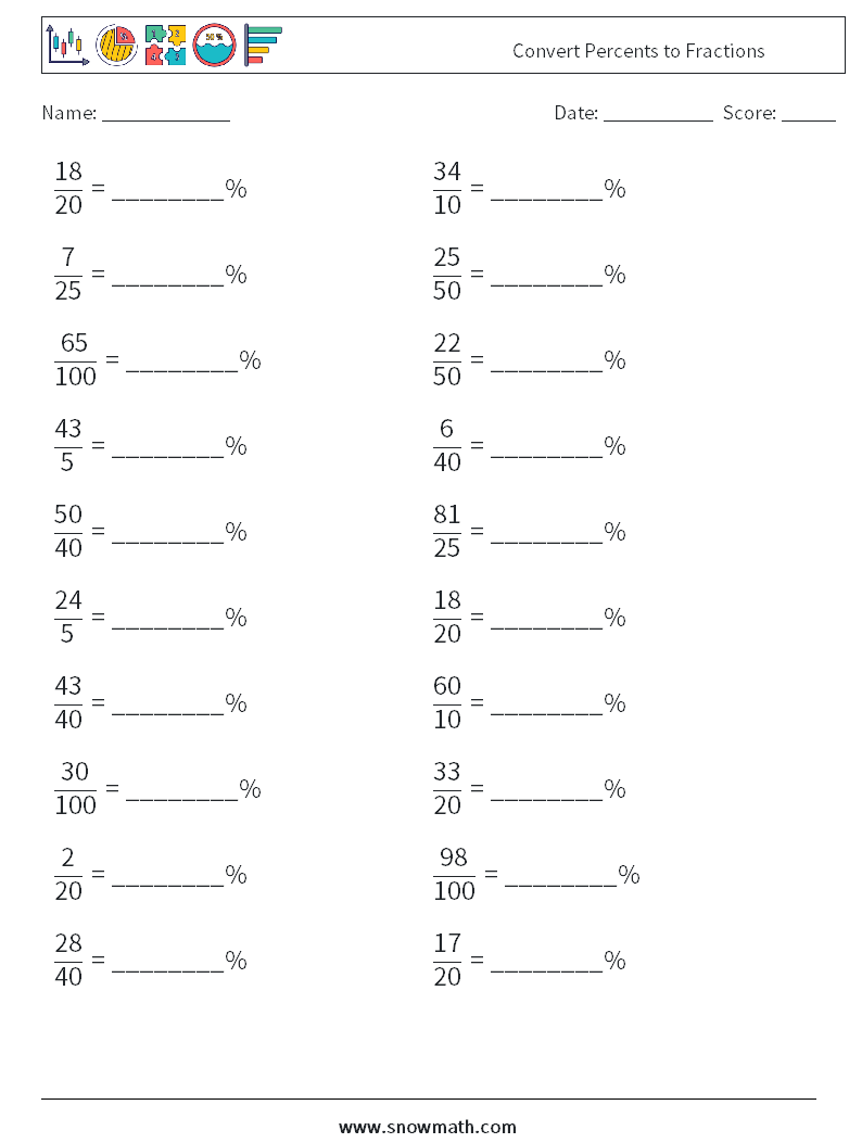 Convert Percents to Fractions  Maths Worksheets 4