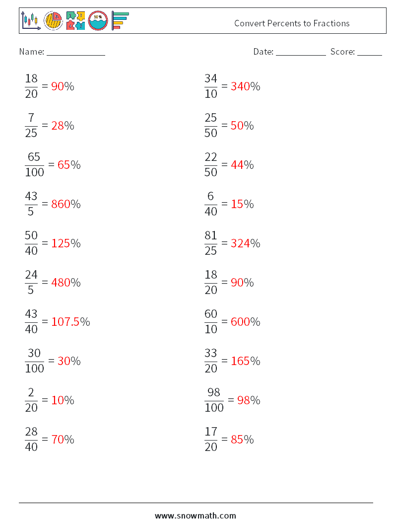 Convert Percents to Fractions  Maths Worksheets 4 Question, Answer