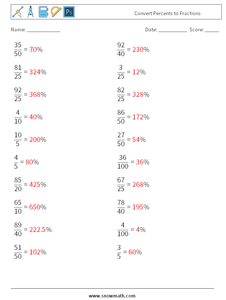 Convert Percents to Fractions  Maths Worksheets 5 Question, Answer