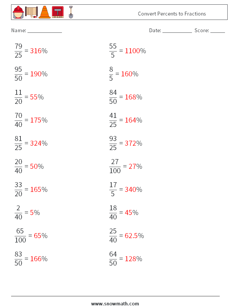 Convert Percents to Fractions  Maths Worksheets 6 Question, Answer