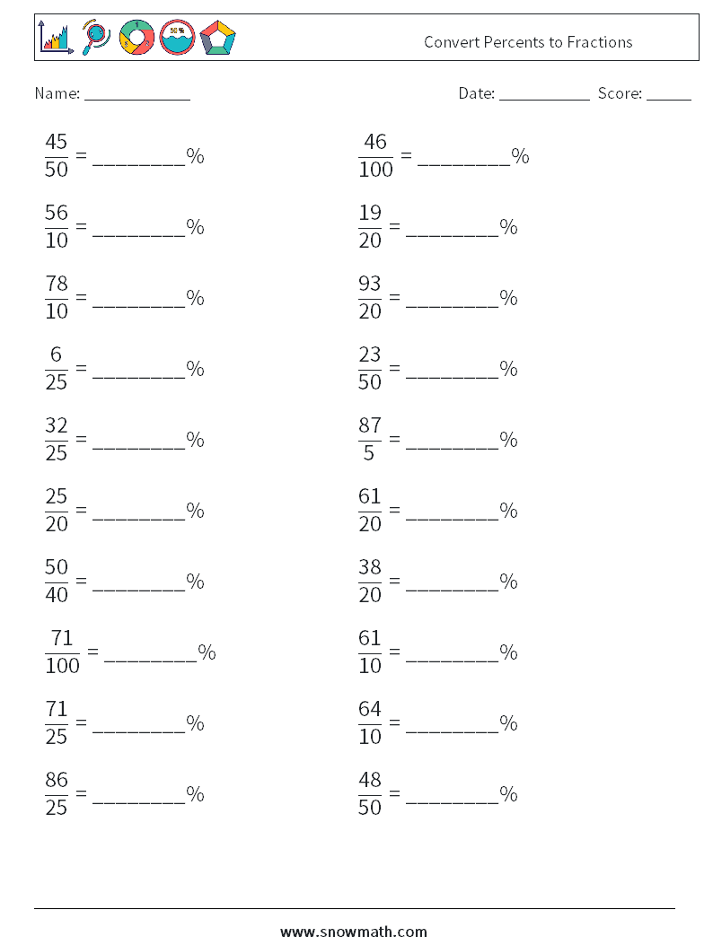 Convert Percents to Fractions  Maths Worksheets 7
