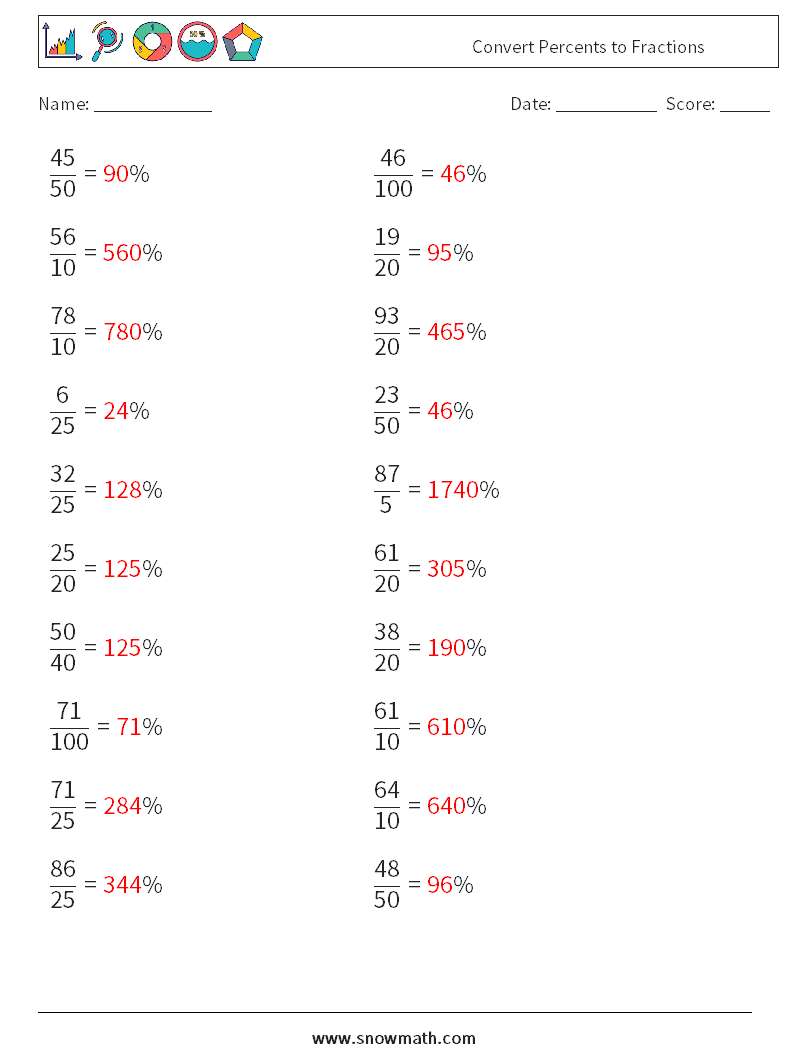 Convert Percents to Fractions  Maths Worksheets 7 Question, Answer