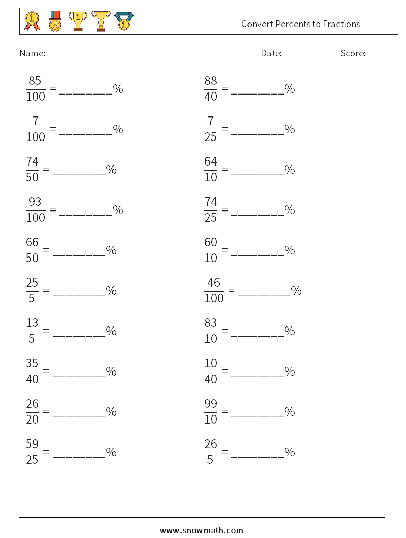 Convert Percents to Fractions  Maths Worksheets 8