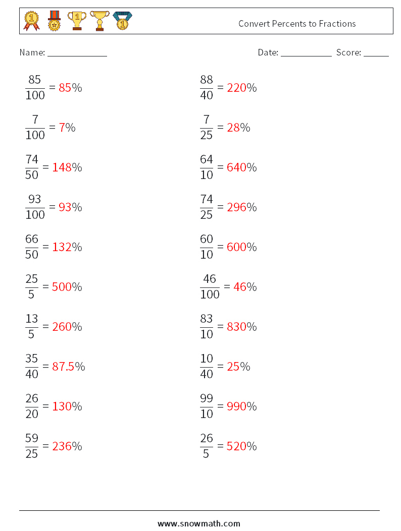 Convert Percents to Fractions  Maths Worksheets 8 Question, Answer