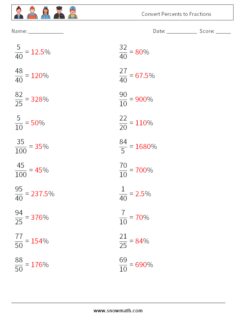 Convert Percents to Fractions  Maths Worksheets 9 Question, Answer