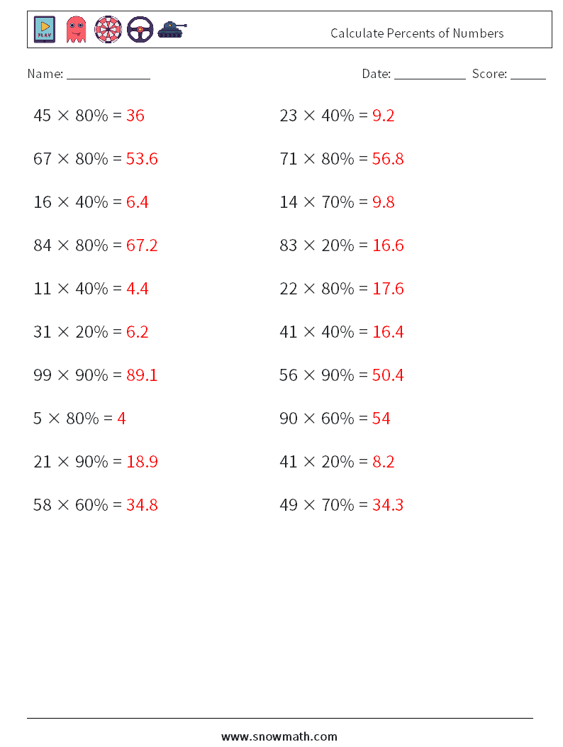 Calculate Percents of Numbers Maths Worksheets 1 Question, Answer