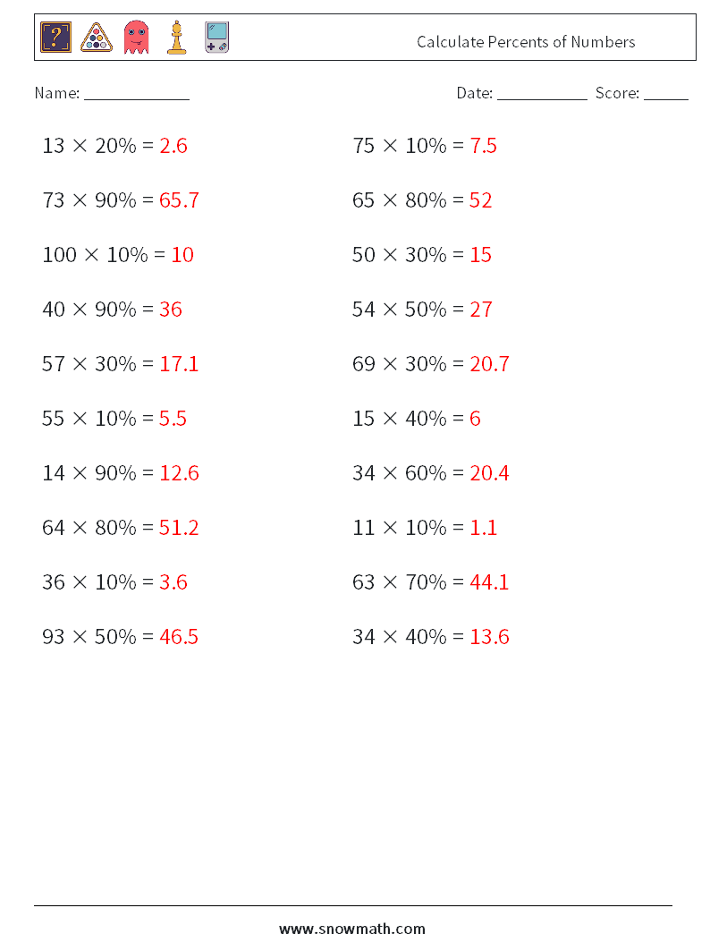 Calculate Percents of Numbers Maths Worksheets 3 Question, Answer