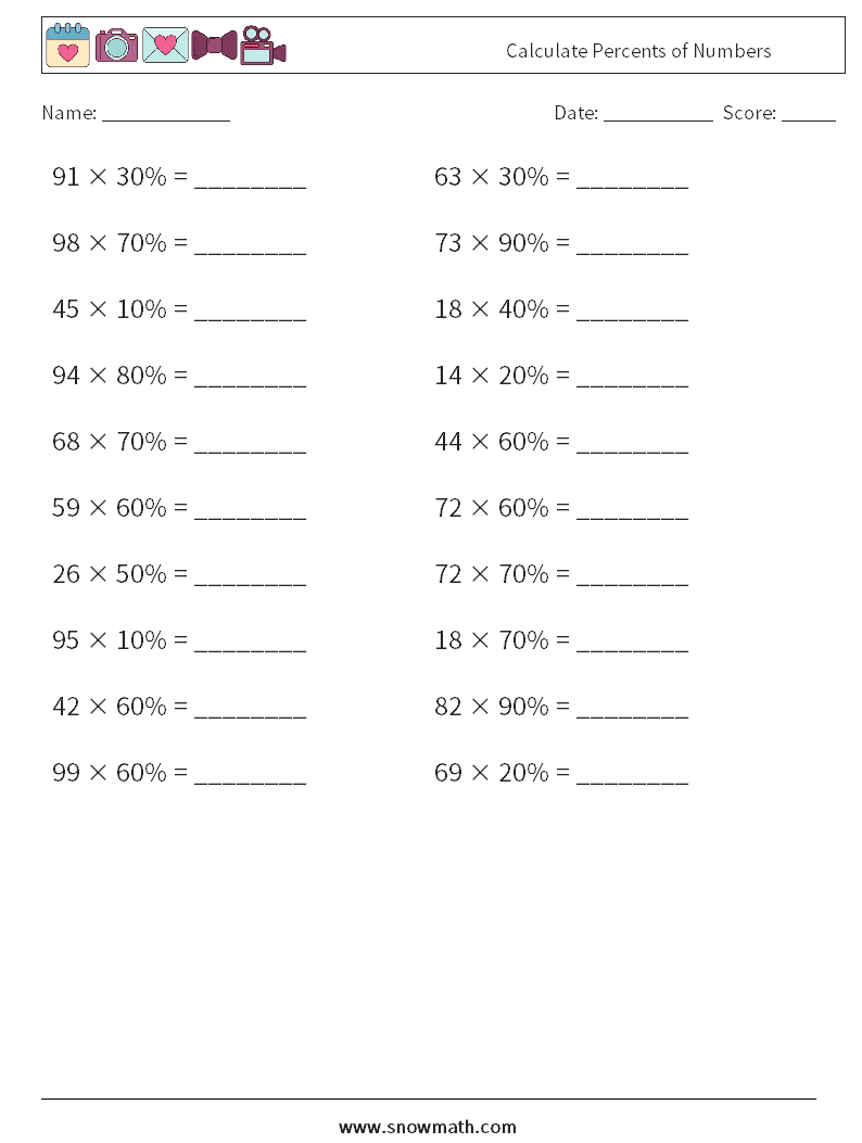Calculate Percents of Numbers Maths Worksheets 4