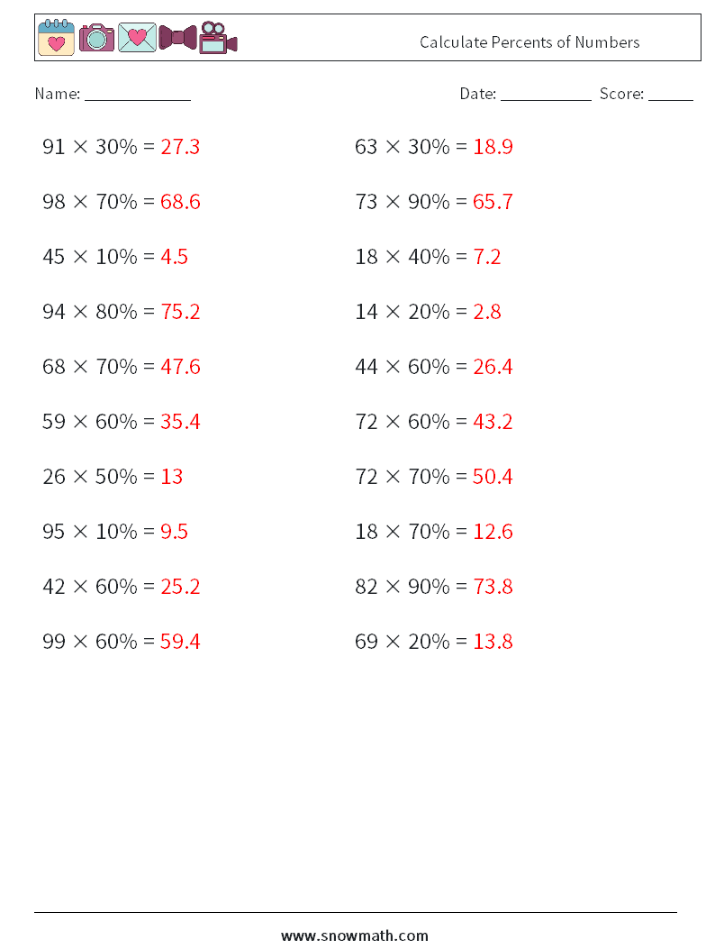 Calculate Percents of Numbers Maths Worksheets 4 Question, Answer