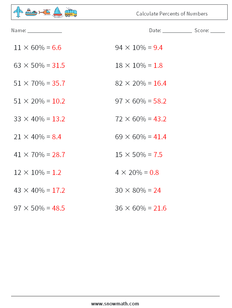 Calculate Percents of Numbers Maths Worksheets 5 Question, Answer