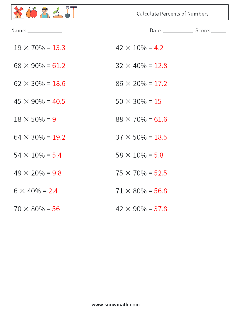 Calculate Percents of Numbers Maths Worksheets 6 Question, Answer