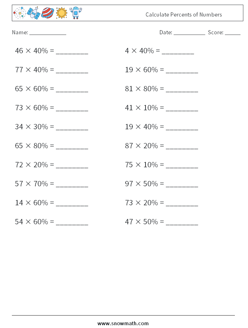 Calculate Percents of Numbers Maths Worksheets 7