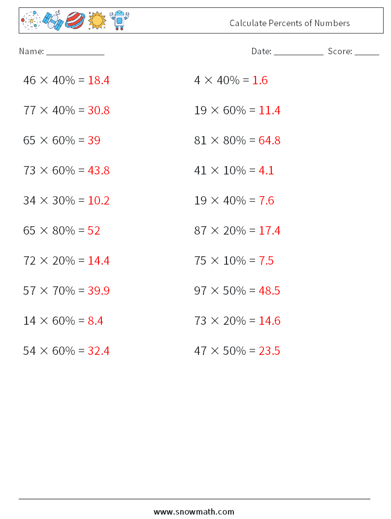 Calculate Percents of Numbers Maths Worksheets 7 Question, Answer