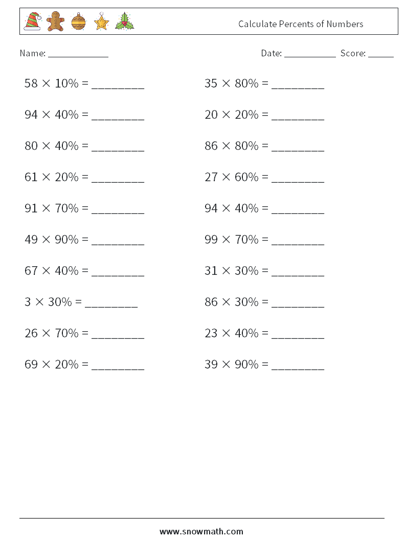 Calculate Percents of Numbers Maths Worksheets 8