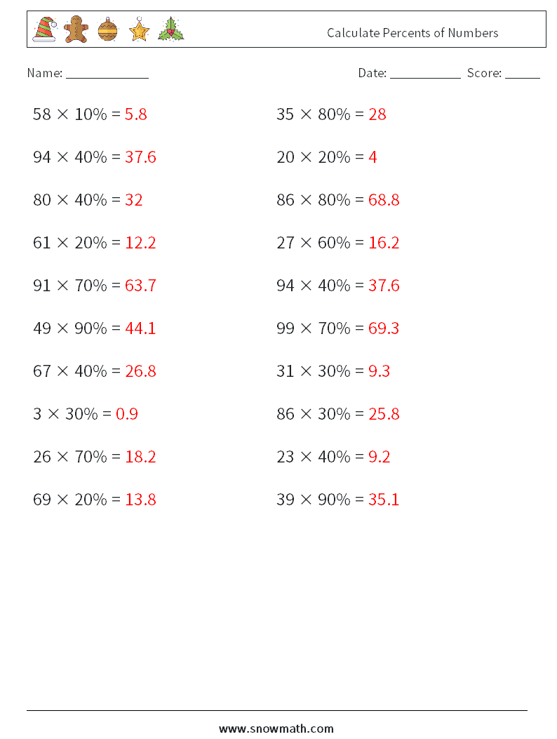 Calculate Percents of Numbers Maths Worksheets 8 Question, Answer