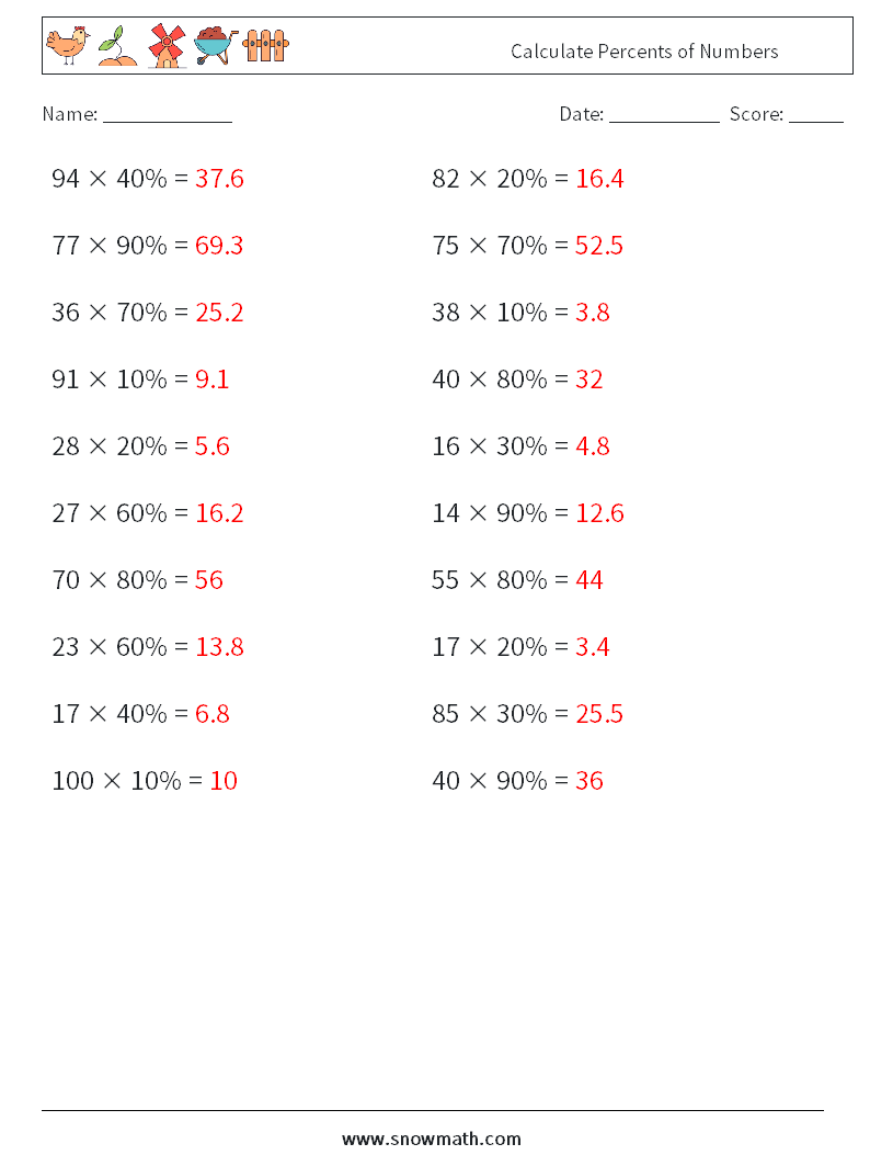 Calculate Percents of Numbers Maths Worksheets 9 Question, Answer