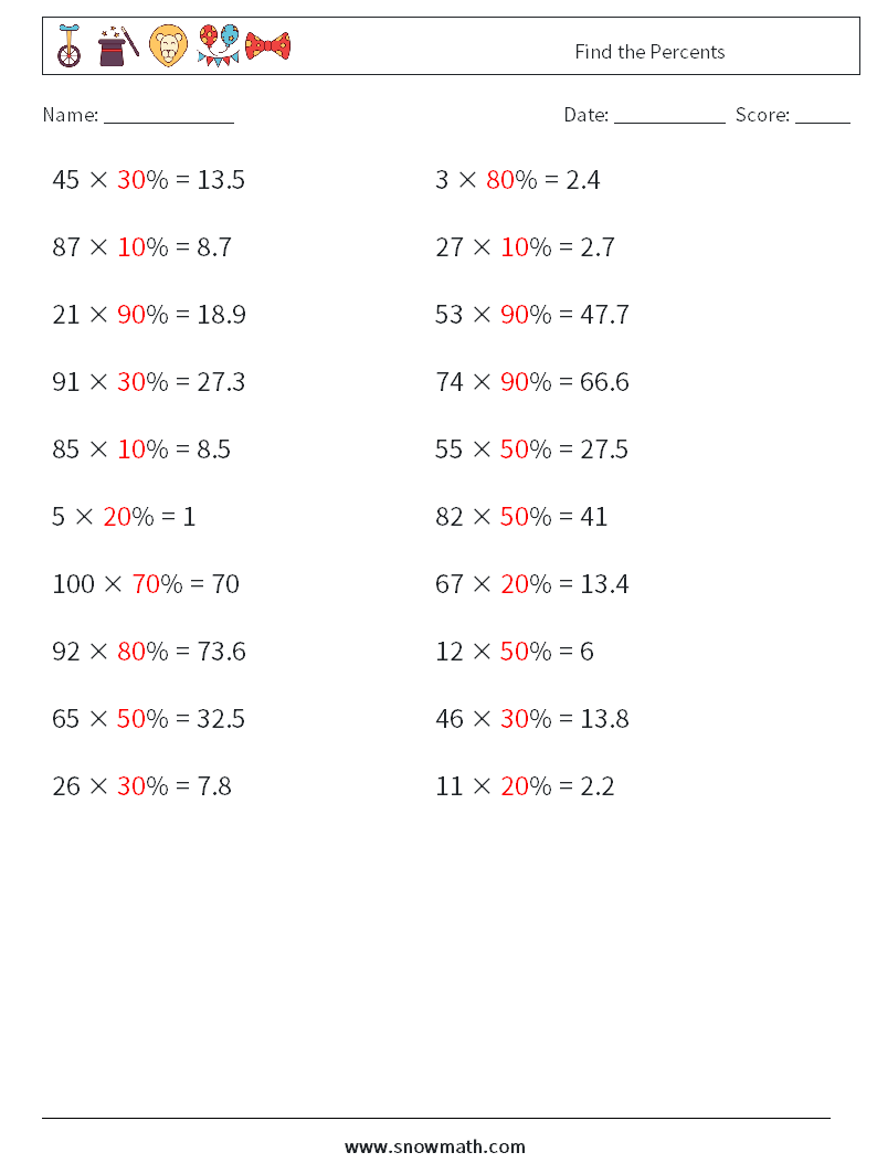Find the Percents Maths Worksheets 2 Question, Answer
