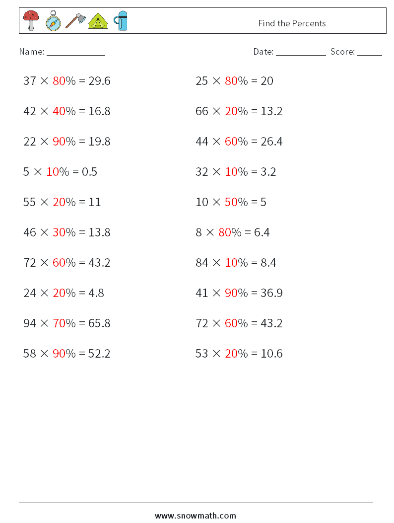 Find the Percents Maths Worksheets 3 Question, Answer
