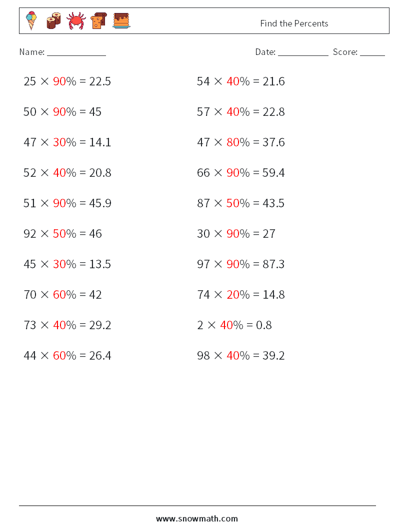 Find the Percents Maths Worksheets 4 Question, Answer