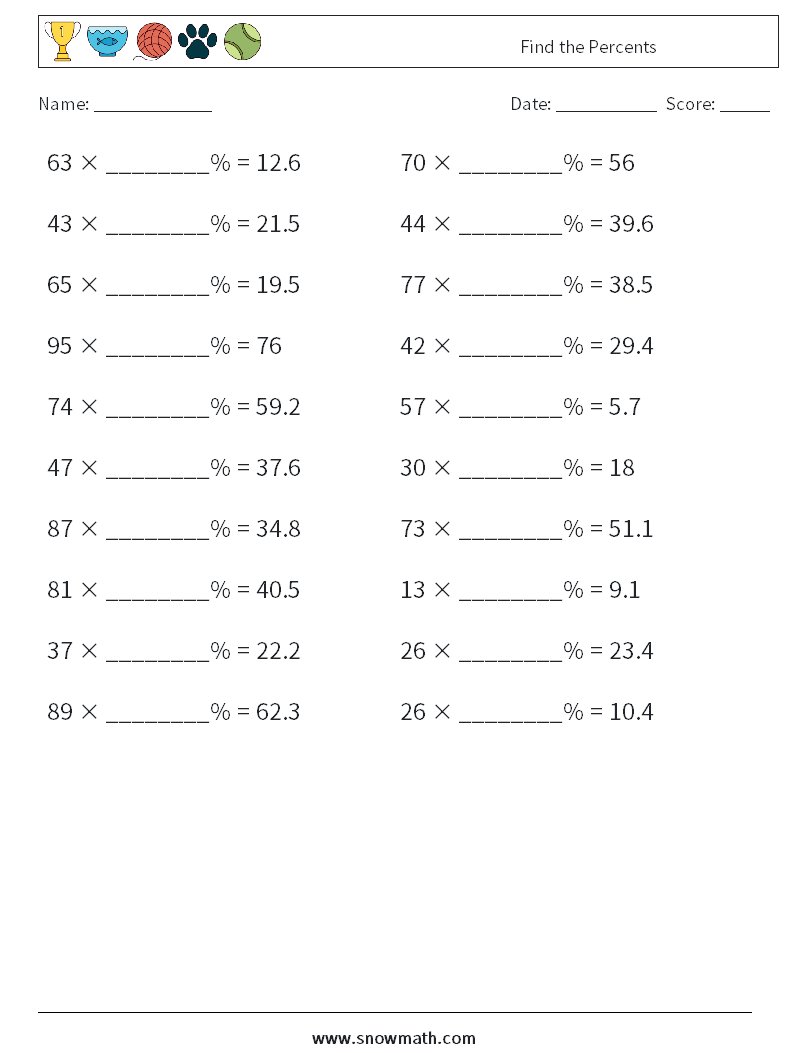 Find the Percents Maths Worksheets 5